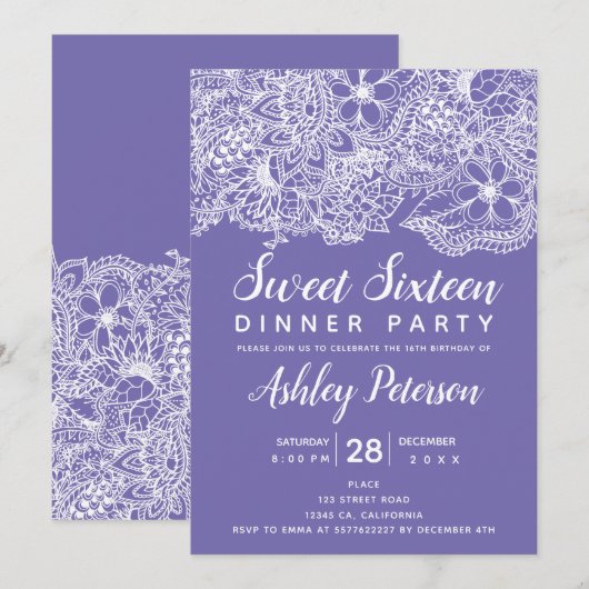 Invitation Périwinkle blanc floral typographie Sweet 16 (Devant / Derrière)