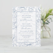 Invitation Periwinkle Blue Elegant Hand-Drawn Floral Wedding  (Debout devant)