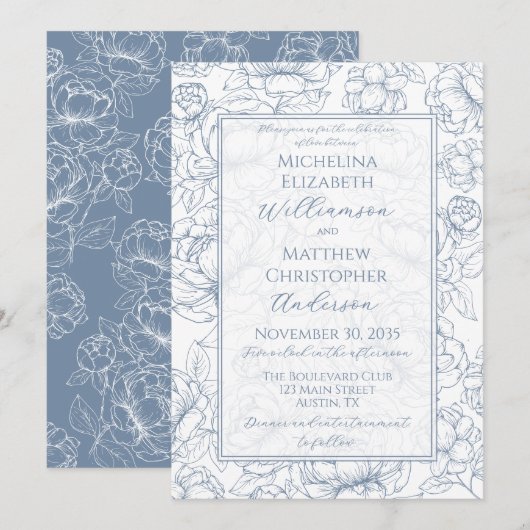 Invitation Periwinkle Blue Elegant Hand-Drawn Floral Wedding  (Devant / Derrière)