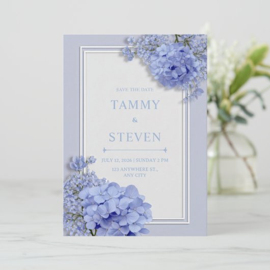 Invitation Periwinkle Blue Hydrangea Botanical Frame Wedding (Debout devant)