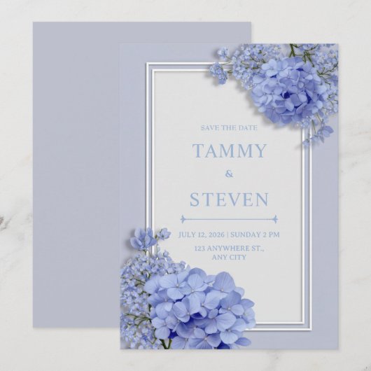 Invitation Periwinkle Blue Hydrangea Botanical Frame Wedding (Devant / Derrière)
