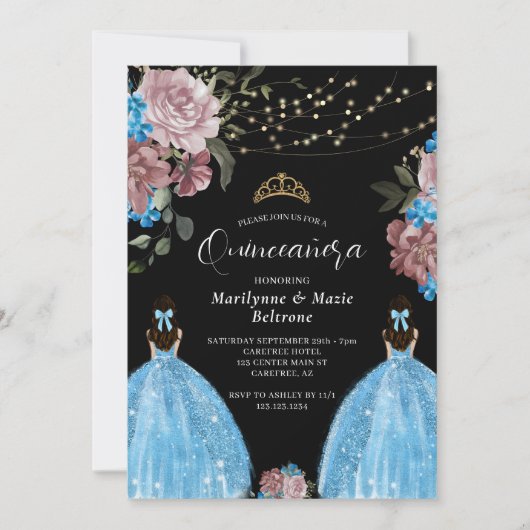 Invitation Périwinkle Blue Princess Floral Twins Quinceañera (Devant)