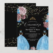 Invitation Périwinkle Blue Princess Floral Twins Quinceañera (Devant / Derrière)