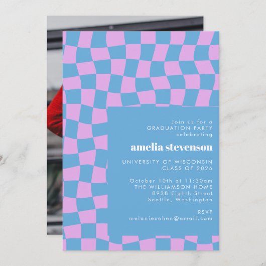 Invitation Périwinkle Checkerboard Graduation Party Photo (Devant / Derrière)