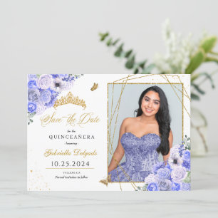 Invitation Periwinkle & Gold Quinceañera Enregistrer la date 