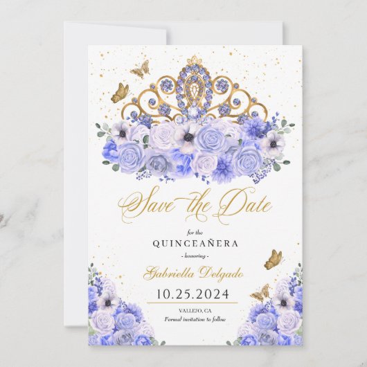 Invitation Periwinkle & Gold Tiara Enregistrer La Date Quince (Devant)