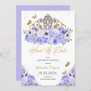 Invitation Periwinkle & Gold Tiara Enregistrer La Date Quince