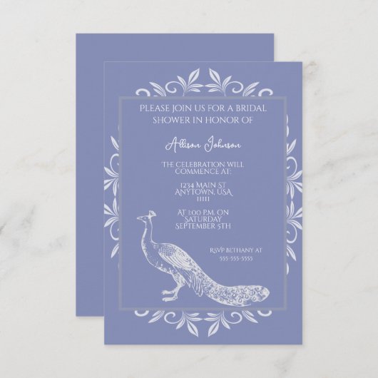 Invitation Périwinkle Peacock Fête des mariées florissante (Devant / Derrière)