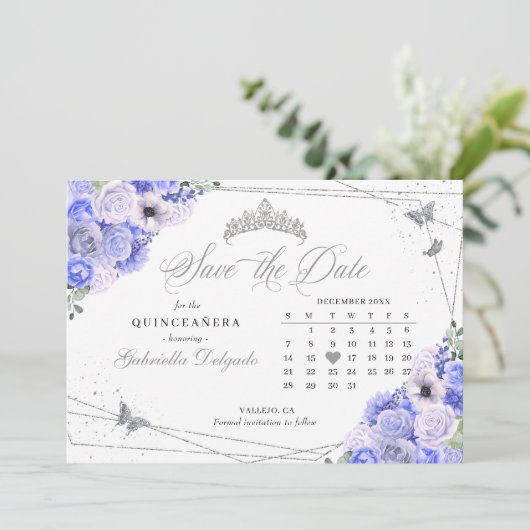 Invitation Periwinkle & Silver Quinceañera Enregistrer La Dat (Debout devant)