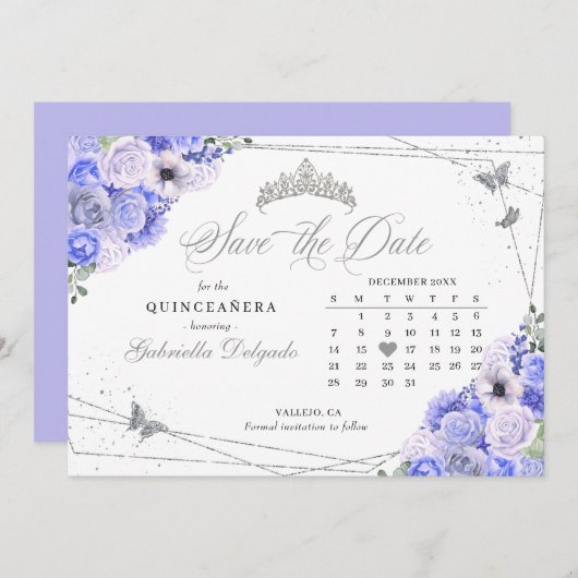 Invitation Periwinkle & Silver Quinceañera Enregistrer La Dat (Devant / Derrière)