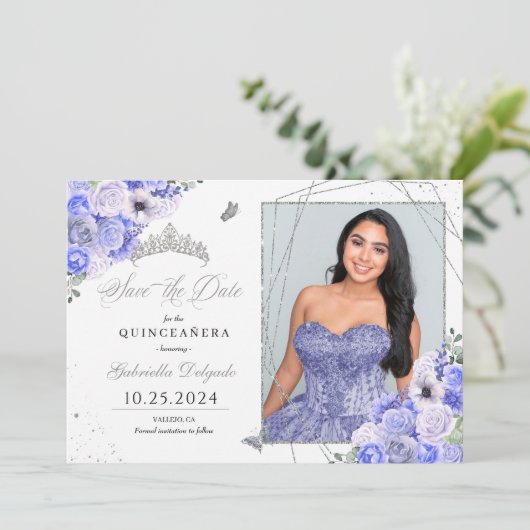 Invitation Periwinkle Silver Quinceañera Enregistrer la date  (Debout devant)