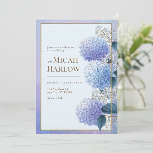 Invitation Periwinkle Stardust Hydrangea Gold Frame Wedding (Debout devant)