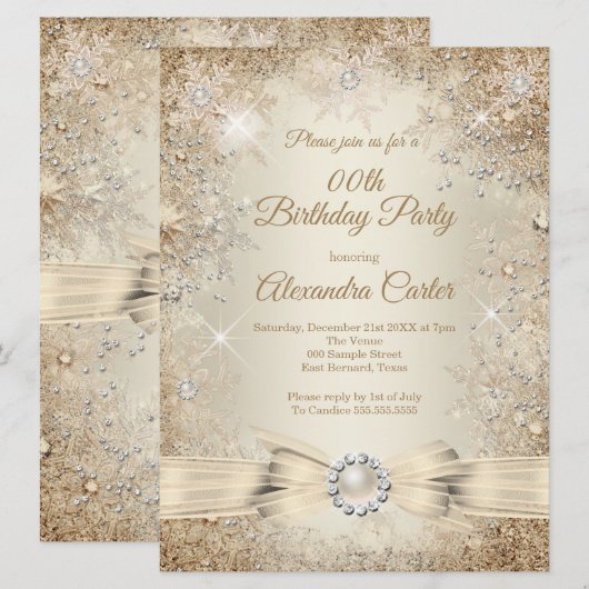 Invitation Perle Arc Crème Beige Or Flocon de Neige Anniversa (Devant / Derrière)