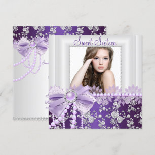 Invitation Perle Bow & Dentelle Violet Photo Sweet 16