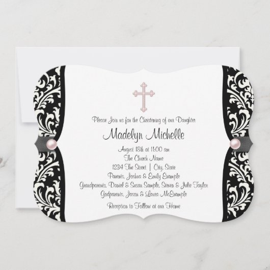 Invitation Perle croix rose noir damas baptême (Devant)