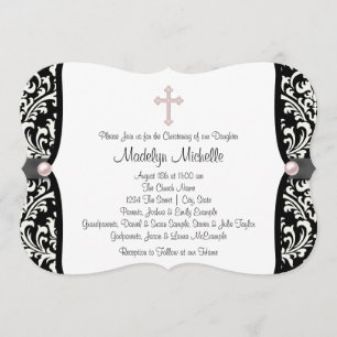 Invitation Perle croix rose noir damas baptême