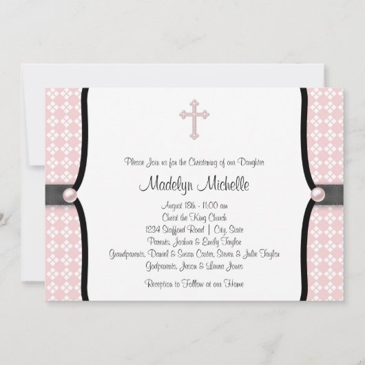 Invitation Perle croix rose noir damas baptême (Devant)