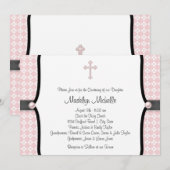 Invitation Perle croix rose noir damas baptême (Devant / Derrière)