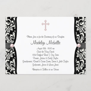 Invitation Perle Croix Rose Noir Damassé Baptême