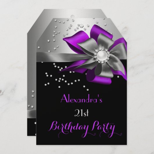 Invitation Perle d'Anniversaire de Bow Black violet (Devant / Derrière)