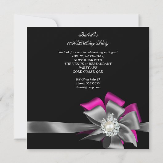 Invitation Perle d'anniversaire rose noir gris argenté (Dos)