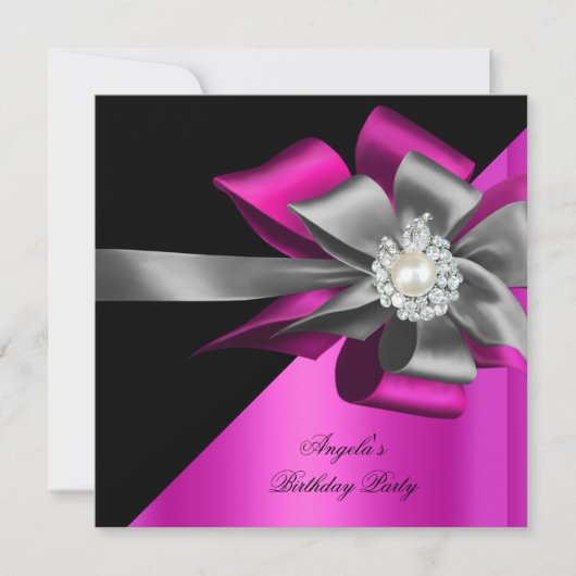 Invitation Perle d'anniversaire rose noir gris argenté (Devant)