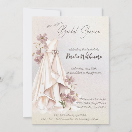 Invitation perle d'aquarelle robe blanche fleurs douche nupti (Devant)