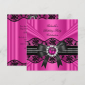 Invitation Perle de dentelle noire rose Élégante fête d'anniv (Devant / Derrière)
