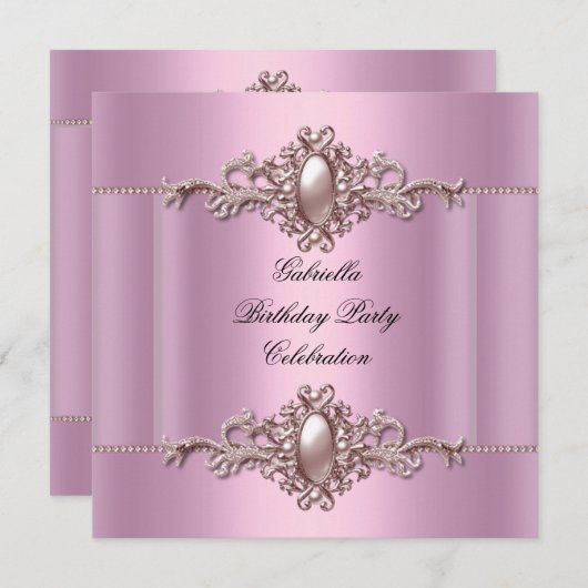 Invitation Perle de fête d'anniversaire rose (Devant / Derrière)
