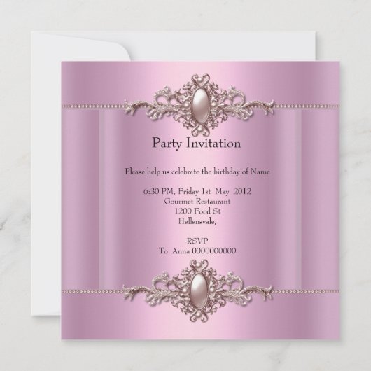 Invitation Perle de fête d'anniversaire rose (Dos)