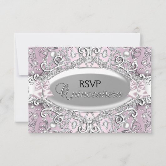 Invitation Perle en argent et en rose Damas Quinceanera RSVP (Devant)