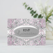 Invitation Perle en argent et en rose Damas Quinceanera RSVP (Debout devant)