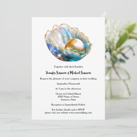Invitation Perle en coquille d'huîtres plage chimmer iridesce (Debout devant)