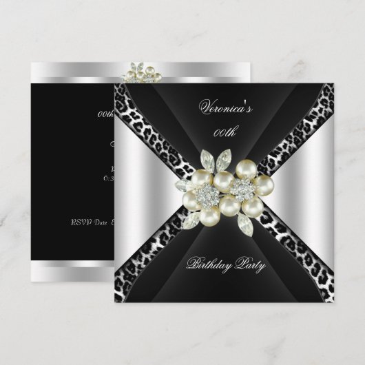 Invitation Perle Léopard Argent Noir Bijou Fête d'Anniversair (Devant / Derrière)