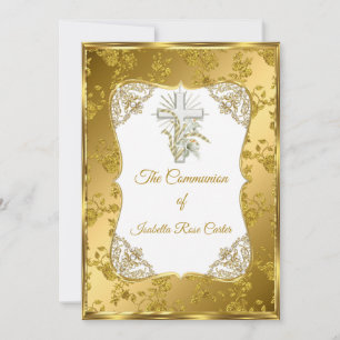 Invitation Perle Or Blanc Croix Sainte communion rose Damas