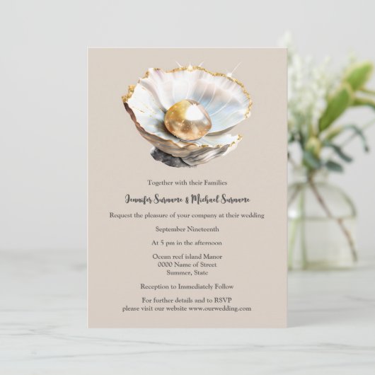 Invitation Perle rose cendrée en coquille 3D brillant plage c (Debout devant)