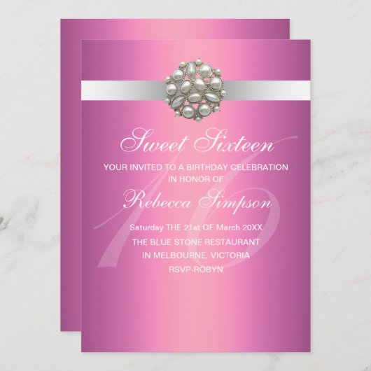 Invitation Perle rose Élégante Douce 16 Anniversaire Invitati (Devant / Derrière)