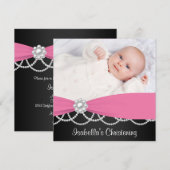 Invitation Perle rose Filles noires roses Christening Photo I (Devant / Derrière)