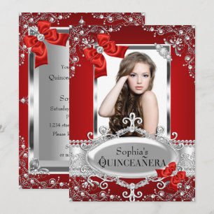 Invitation Perle Rouge & Nœud de Soie Glamour Quinceanera