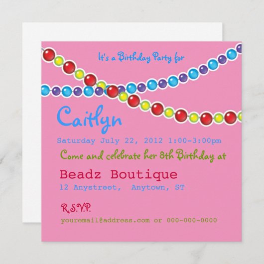 Invitation Perler la fête d'anniversaire (Devant / Derrière)