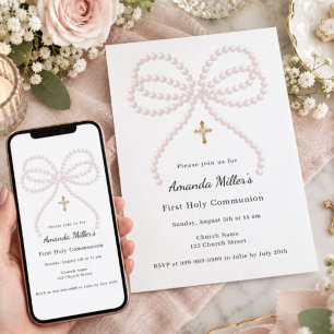 Invitation Perles à ruban rose fille Première Communion