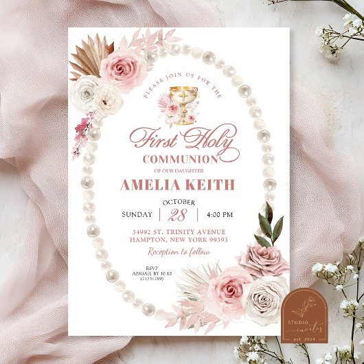 Invitation Perles à ruban rose Première Sainte Communion Bapt