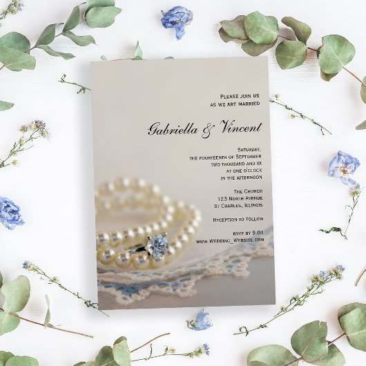 Invitation Perles blanches, Anneau de diamant et Mariage de d