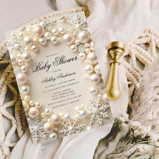 Invitation Perles blanches avec Baby shower Snowflakes