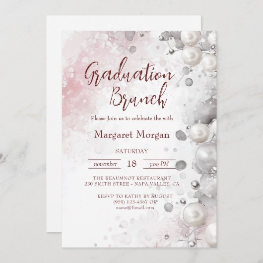 Invitation Perles blanches Brunch nuptial rose moderne (Devant / Derrière)