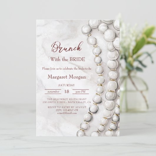 Invitation Perles blanches Brunch rouge avec mariée (Debout devant)