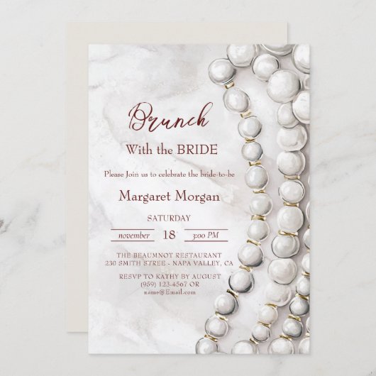 Invitation Perles blanches Brunch rouge avec mariée (Devant / Derrière)