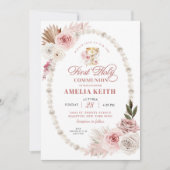 Invitation Perles de Bow rose première communion sacrée baptê (Devant)