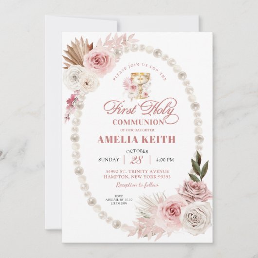 Invitation Perles de Bow rose première communion sacrée baptê (Devant)