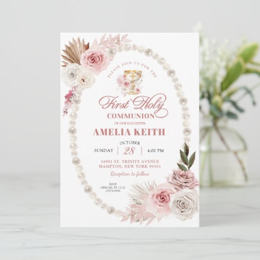 Invitation Perles de Bow rose première communion sacrée baptê (Debout devant)